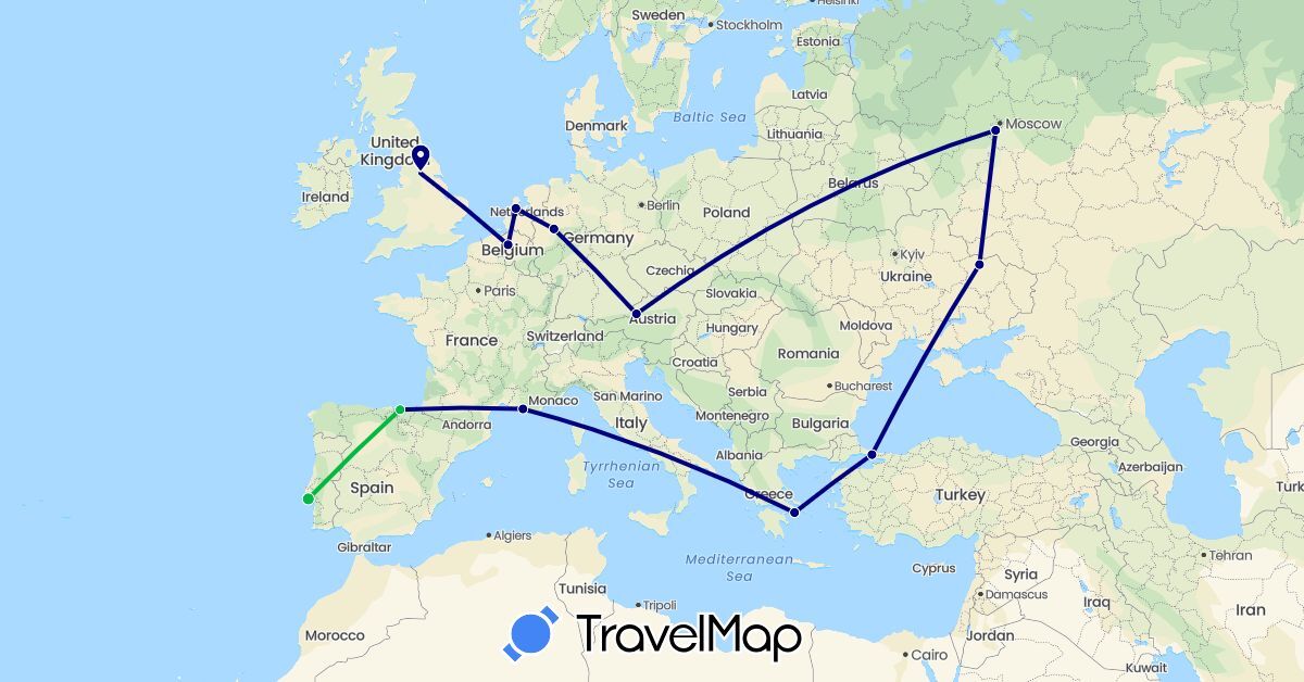 TravelMap itinerary: driving, bus in Austria, Belgium, Germany, Spain, France, United Kingdom, Greece, Netherlands, Portugal, Russia, Turkey, Ukraine (Asia, Europe)